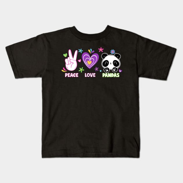 Peace Love Pandas Kids T-Shirt by thingsandthings